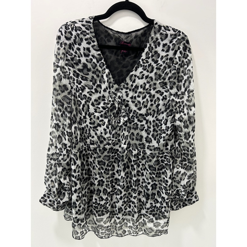 Resume Woman Leopard Print Blouse Gray Black Metallic V-Neck Ruffle Top 1X
